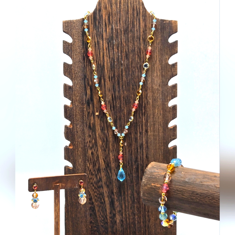 Nwt Window Pane Multicolor Rhinestone Necklace Earrings Bracelet Jewelry Set